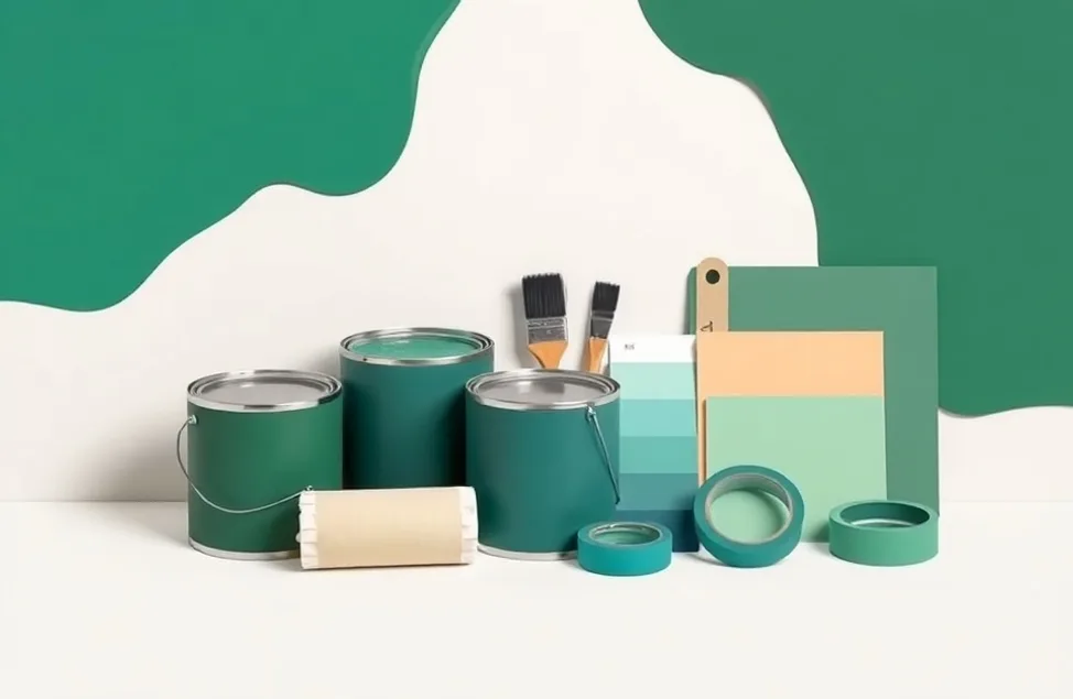 Pots de peinture, nuancier, brosses et rouleaux disposés à plat