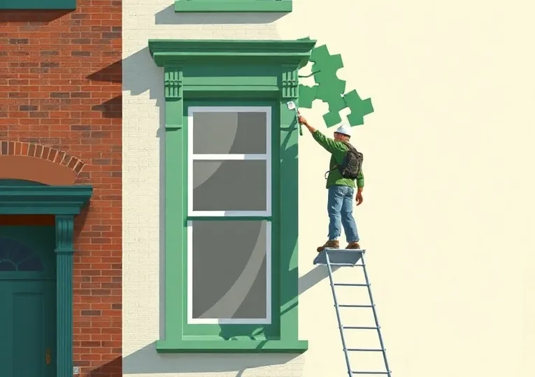 Peintre sur échafaudage traitant la façade d'une maison