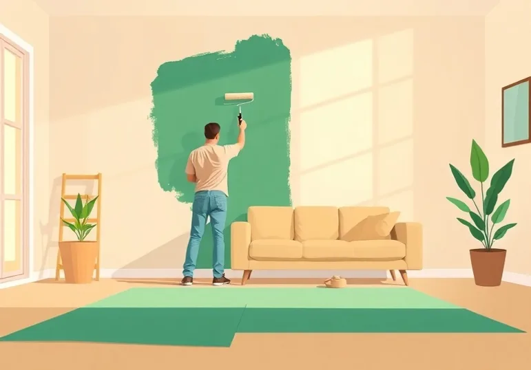 Peintre appliquant la peinture au rouleau sur un mur de salon